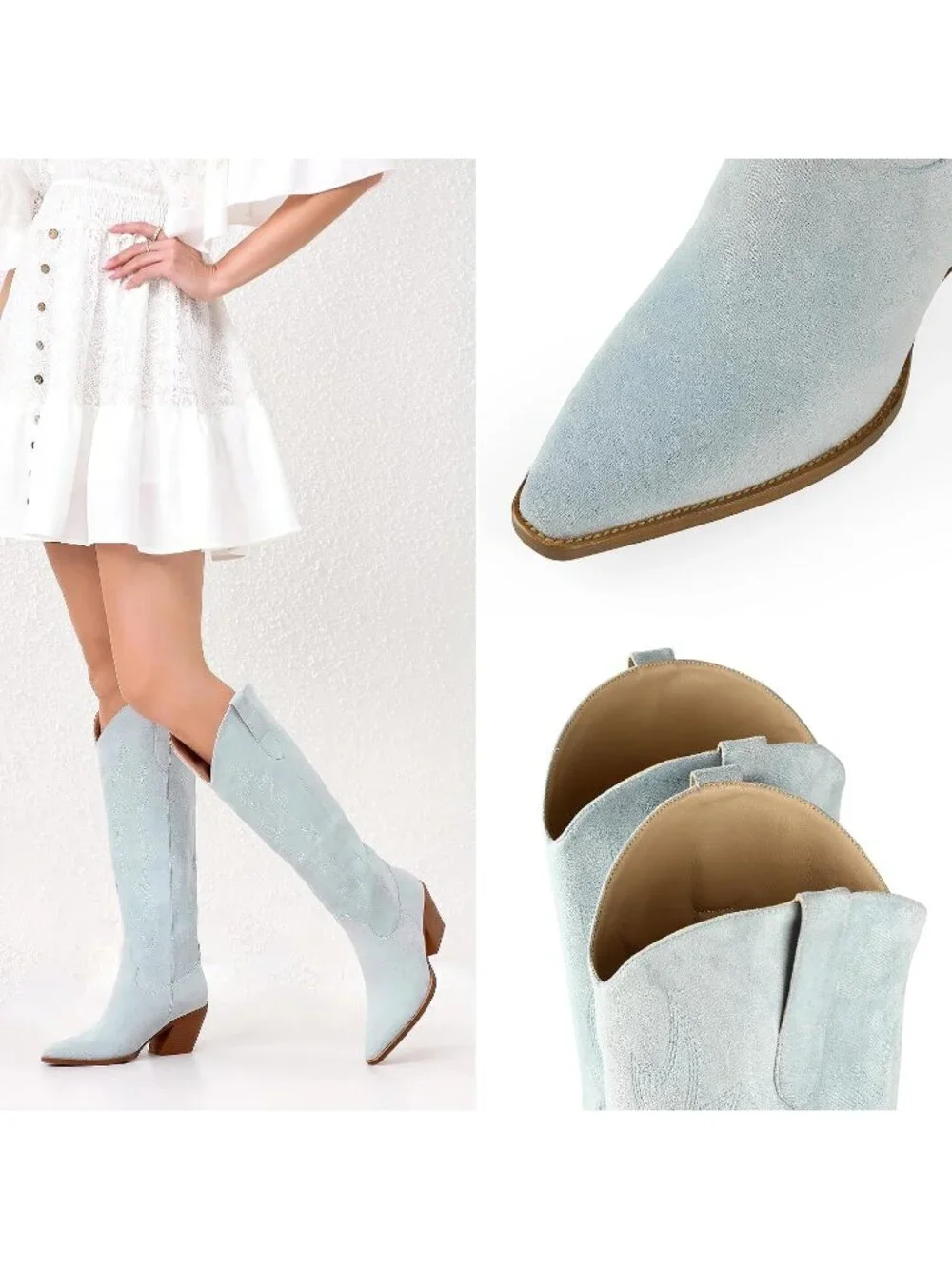 Women's Light Blue Pointed Toe Faux Leather Block Heel Heel Over The Knee Boots